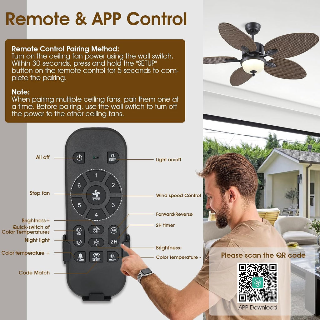 Wiviniya 50 Inch Tropical Ceiling Fans with Lights, Palm Leaf Waterproof Outdoor Ceiling Fan for Patios Porch, Remote/APP Control, Wet Rated, Glass Lampshade, Quiet DC Motor, Dimmable LED, Dark Brown