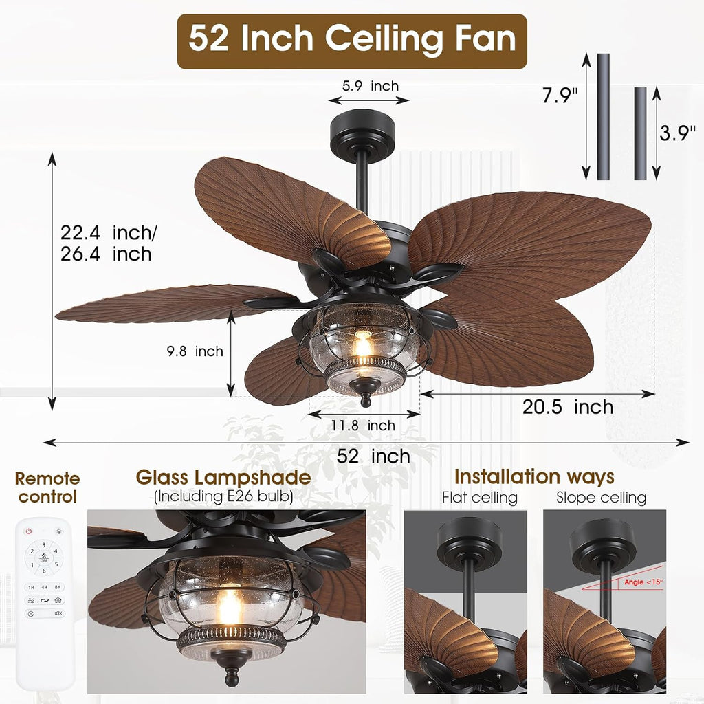 Wiviniya 52 Inch Tropical Ceiling Fans with Lights and Remote, Palm Leaf Waterproof Outdoor Ceiling Fan for Patios Porches Gazebos, Wet Rated, Glass Lampshade, Quiet DC Motor, Brown (Bulb Included)