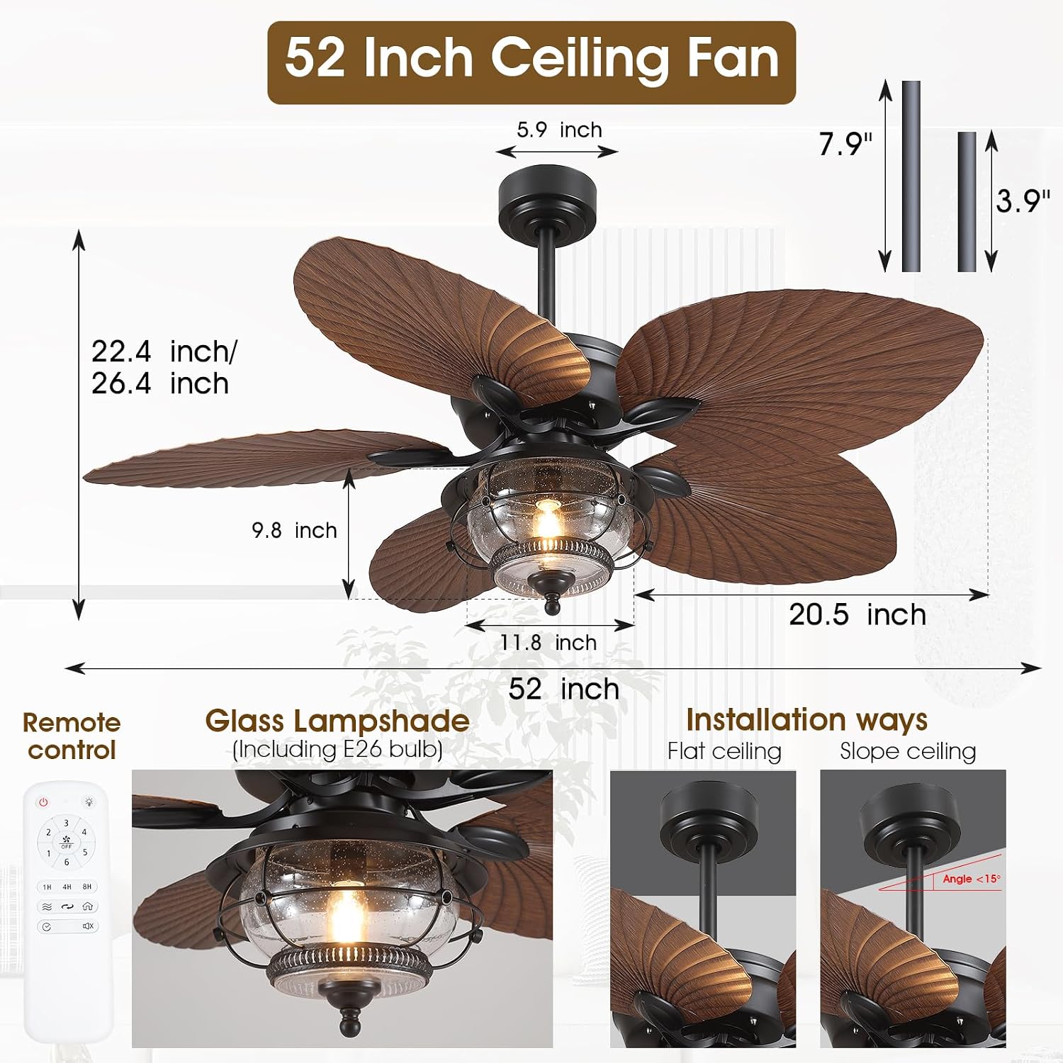Wiviniya 52 Inch Tropical Ceiling Fans with Lights and Remote, Palm Leaf Waterproof Outdoor Ceiling Fan for Patios Porches Gazebos, Wet Rated, Glass Lampshade, Quiet DC Motor, Brown (Bulb Included)