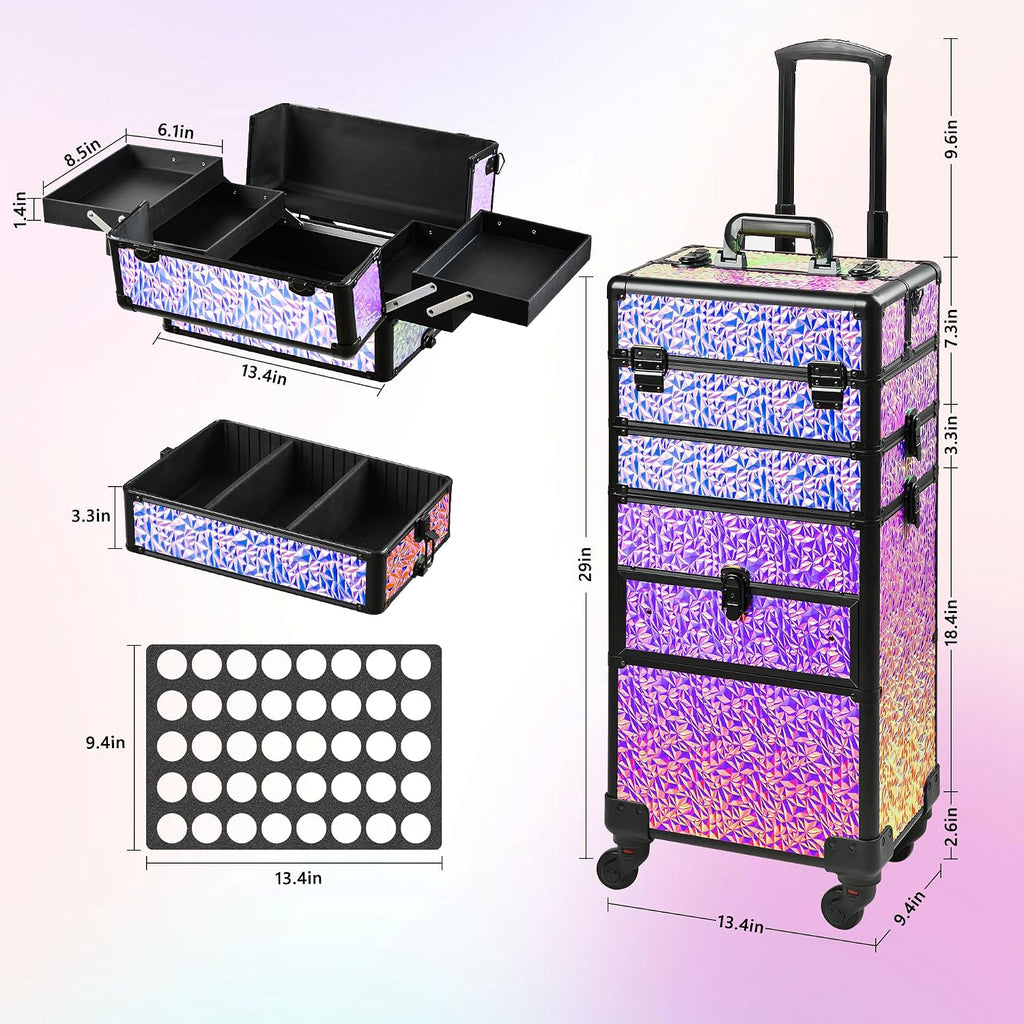 Makeup Train Case with Drawer, Rolling Makeup Case, Cosmetology Case on Wheels, Gift, Large Makeup Case Organizers, Professional for Salon Barber, Nail, Tattoo, Black Colourful