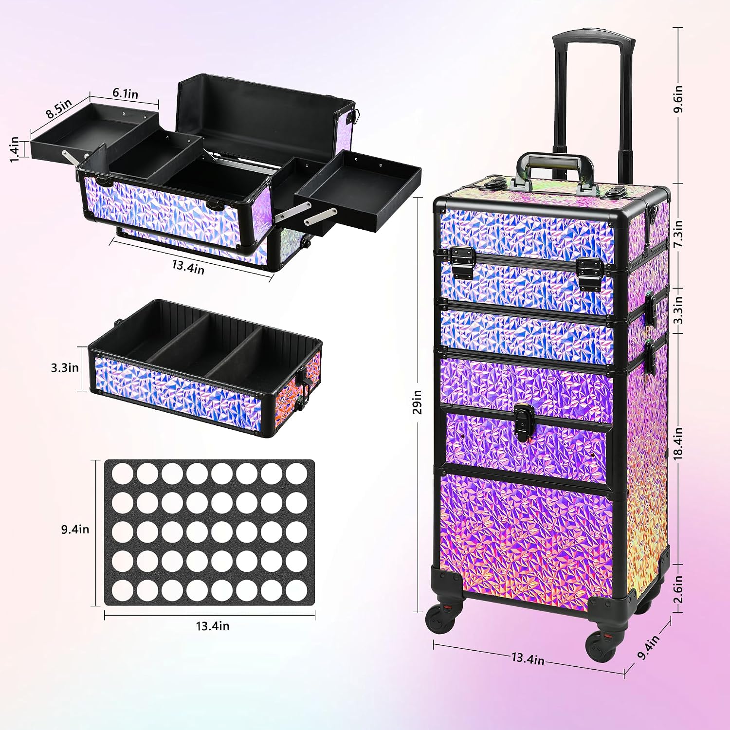 Makeup Train Case with Drawer, Rolling Makeup Case, Cosmetology Case on Wheels, Gift, Large Makeup Case Organizers, Professional for Salon Barber, Nail, Tattoo, Black Colourful