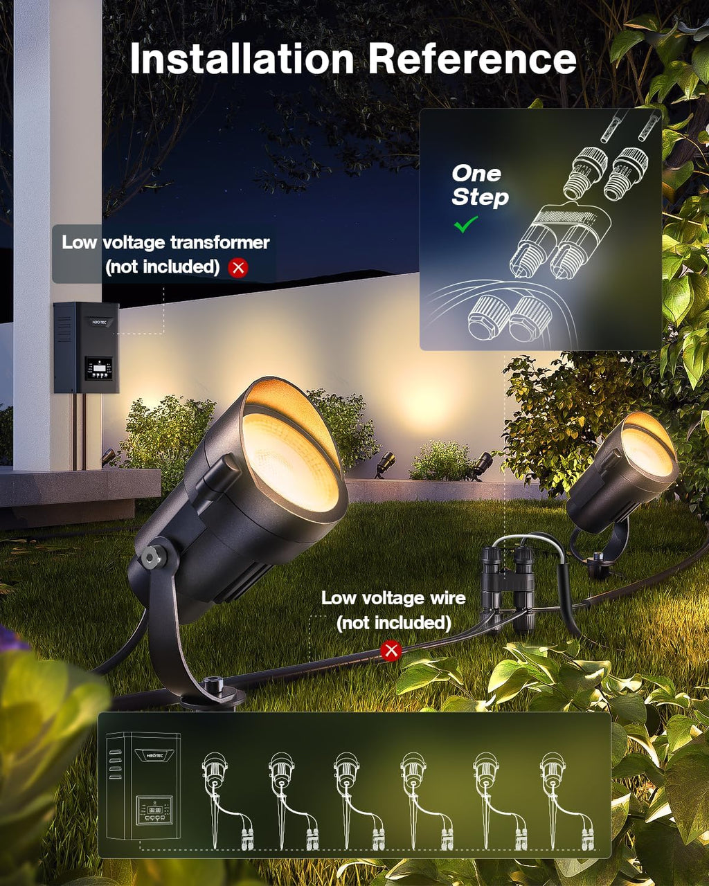 HIBOITEC Spotlights Low Voltage Landscape Lighting with Connectors 7W 2700K Landscape Lights Kit 12-24V AC/DC IP65 Waterproof for House Yard Trees Garden Outdoor 6 Packs