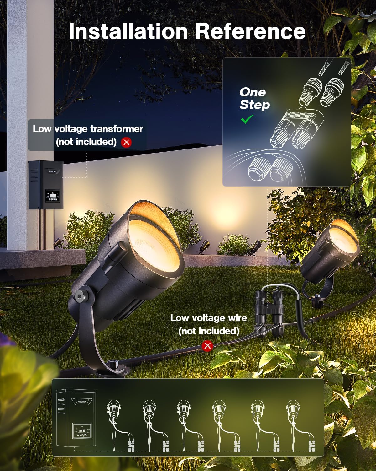 HIBOITEC Spotlights Low Voltage Landscape Lighting with Connectors 7W 2700K Landscape Lights Kit 12-24V AC/DC IP65 Waterproof for House Yard Trees Garden Outdoor 6 Packs