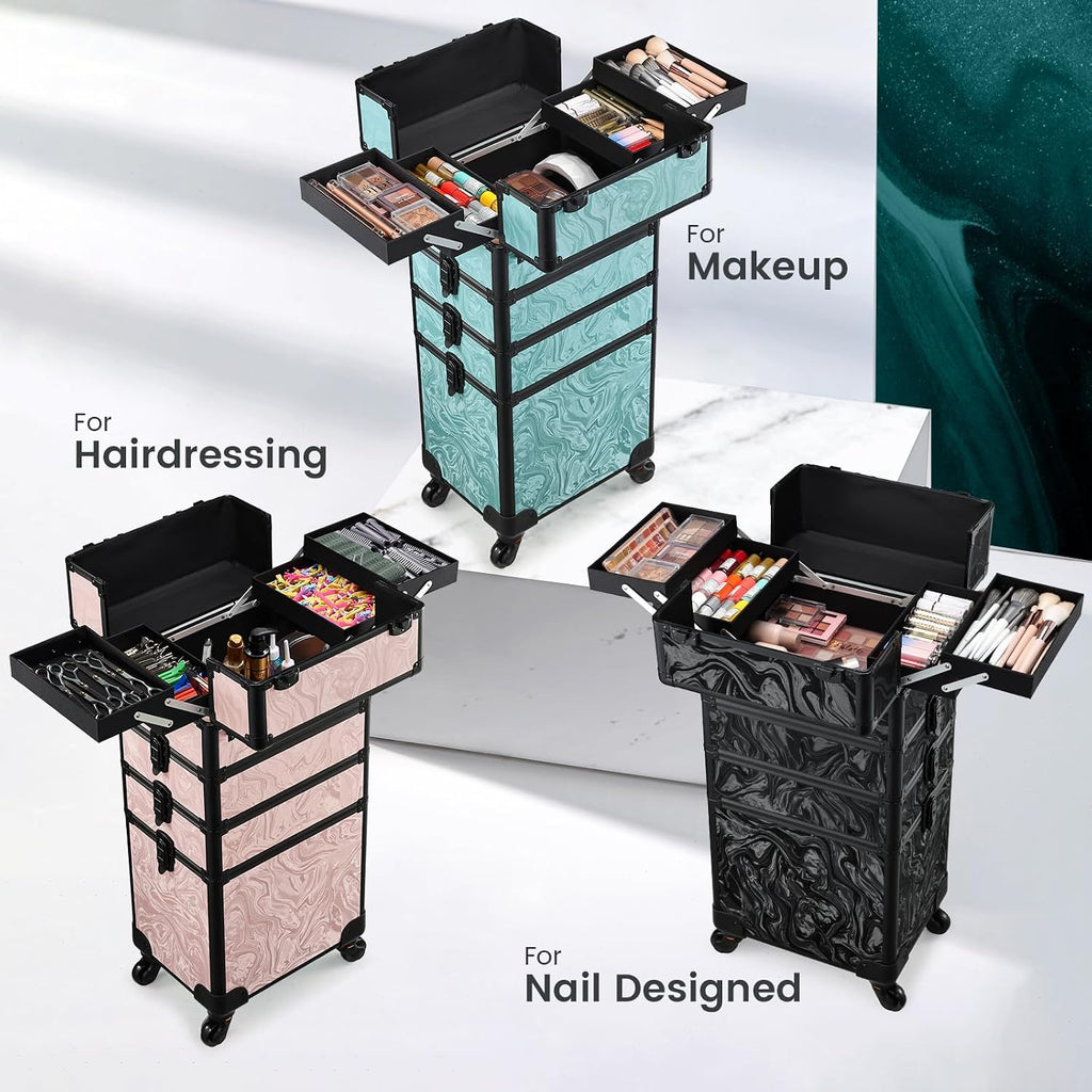 Stagiant Rolling Makeup Case 4 in 1 Cosmetology Case on Wheels Makeup Travel Case with Cosmetic Bag Key Swivel Wheels Salon Barber Case Traveling Cart Trunk Cosmetic Trolley Alpine Blue