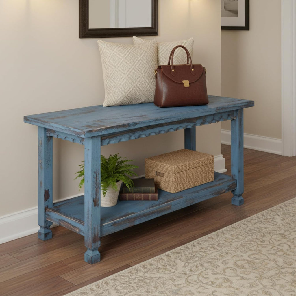 Country Cottage Entryway Bench with Storage Shelf – 36 Inch Solid Wood Farmhouse Bench in Antique Blue Distressed Finish for Rustic Hallway or Living Room Accent by Alaterre Furniture