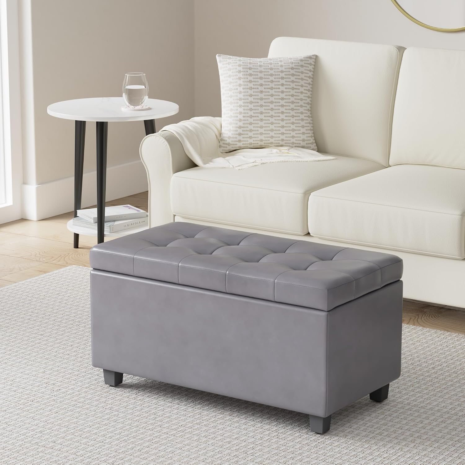 SIMPLIHOME Cosmopolitan Storage Ottoman - 34 inch Wide Upholstered Vegan Leather Rectangle Storage Ottoman Bench in Stone Grey, Transitional Tufted Ottoman for Living Room or Entryway with Lift-Up Lid