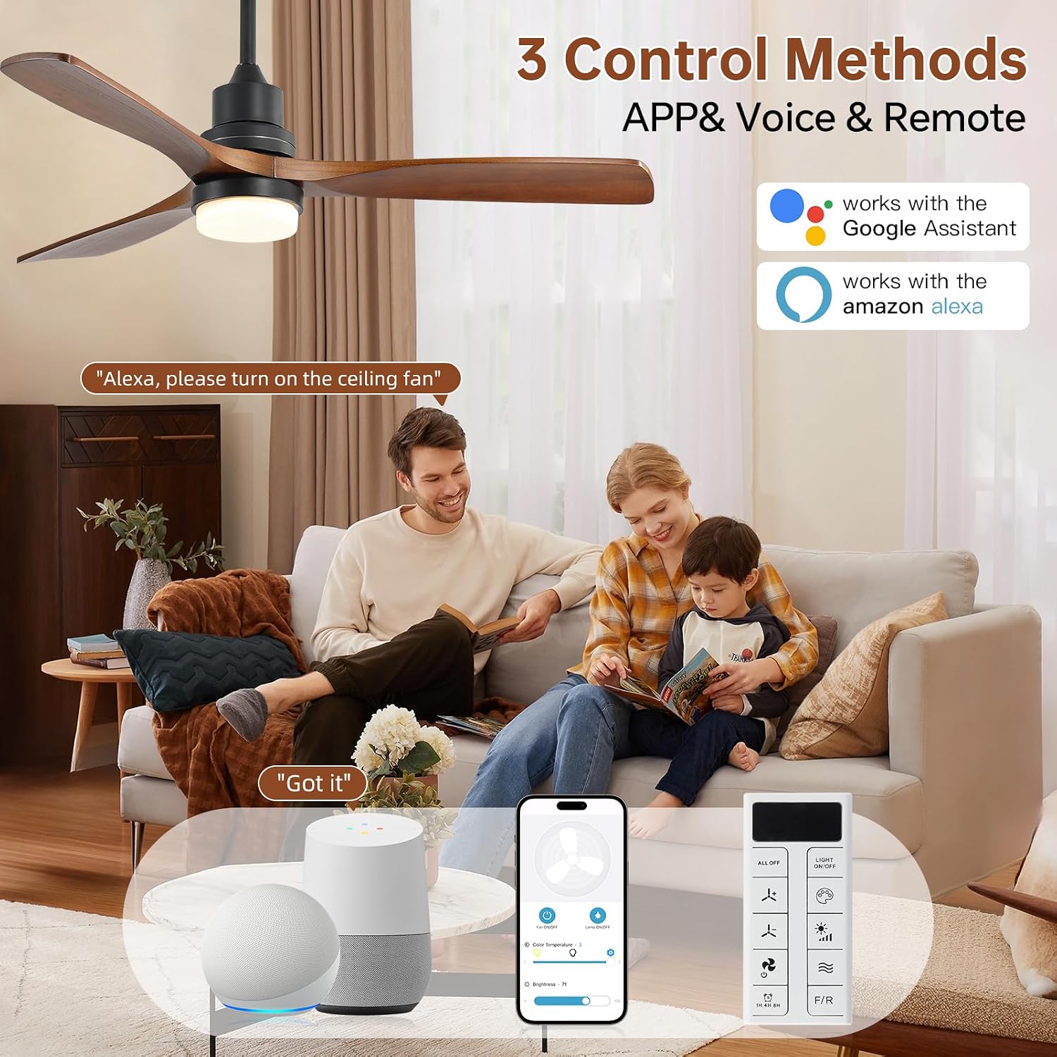 Sofucor Smart Ceiling Fan with Light, 52' Wood Ceiling Fan Compatible with Alexa/Google/App, 3-Color Light 6-Speed DC Motor Reversible Timer for Bedroom Living Room Patio Indoor Outdoor