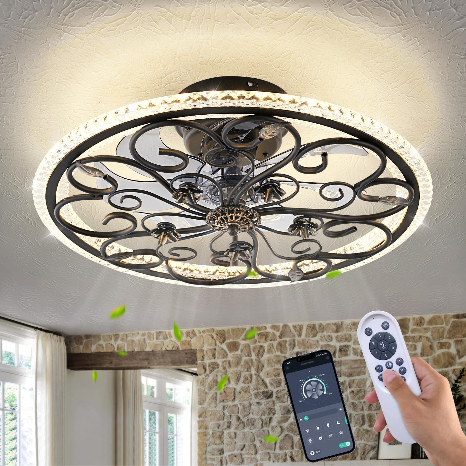 Retro Black Caged Ceiling Fan with Lights Remote Control, 6 Speeds 3 Color Industrial Ceiling Fan with Light for Kitchen Bedroom Living Room