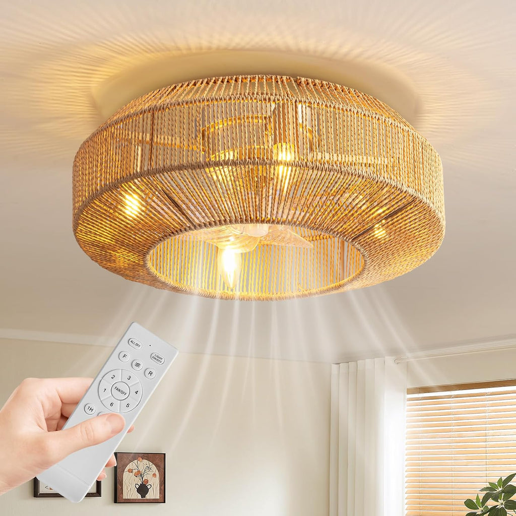 20' Boho Caged Ceiling Fan with Light Flush Mount Boho Caged Ceiling Fan Fandelier with Remote Control 6 Speeds Fandelier for Bedroom, Living Room, Kitchen