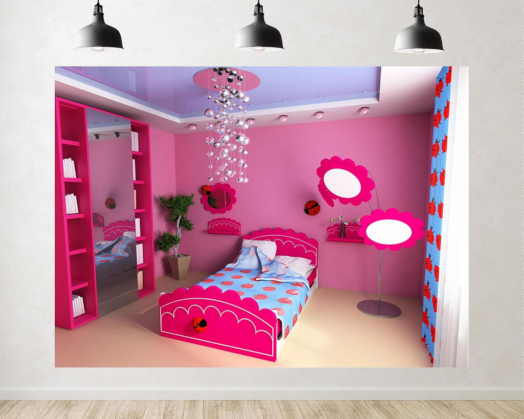 Trykid 20x10ft Pink Kids Bedroom Backdrop Floral Decor Playful Interior Scene Photography Background Cheerful Home Joy Party Decoration Tapestry Photo Booth Prop Fabric