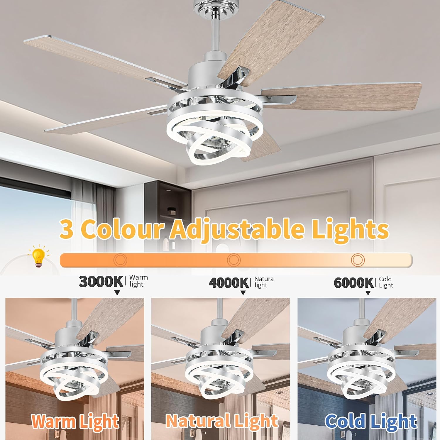 52 Inch Farmhouse Ceiling Fan with Light and Remote Control,Reversible DC Motor,Dimmable,DIY Rings LED,Chandelier Ceiling Fan with 5 Dual Finish Bladesfor Living Room/Dining Room/Bedroom