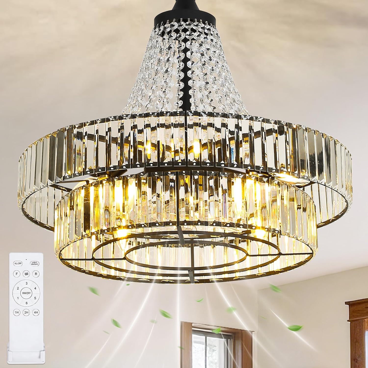 24 Inch Crystal Caged Double Layer Fandelier, Large Modern Chandelier Ceiling Fan with Light and Remote, Luxury Fandelier for Living Room, Bedroom, Reversible DC Motor, Height-Adjustable (Black)