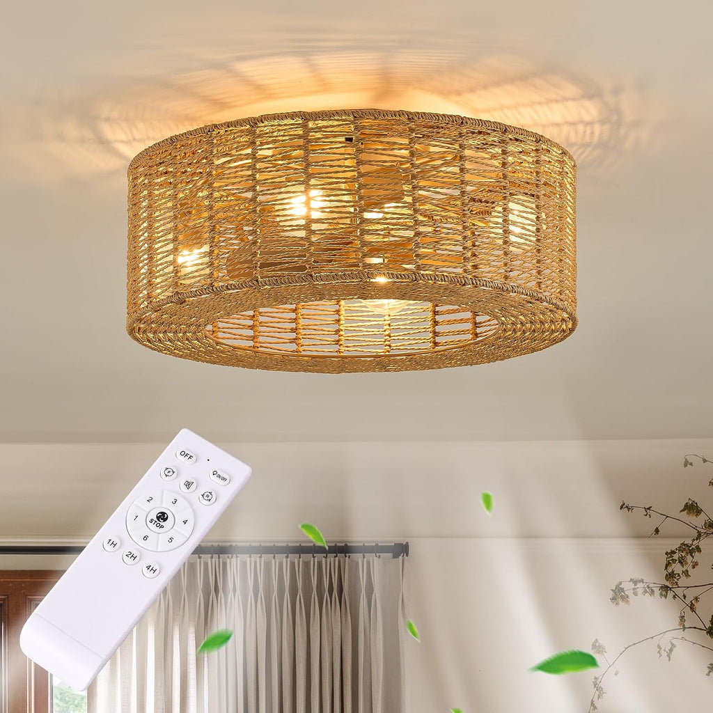20' Rattan Caged Flush Mount Fandelier，Brown Boho Ceiling Fan with Remote, Reversible