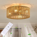 20' Rattan Caged Flush Mount Fandelier，Brown Boho Ceiling Fan with Remote, Reversible