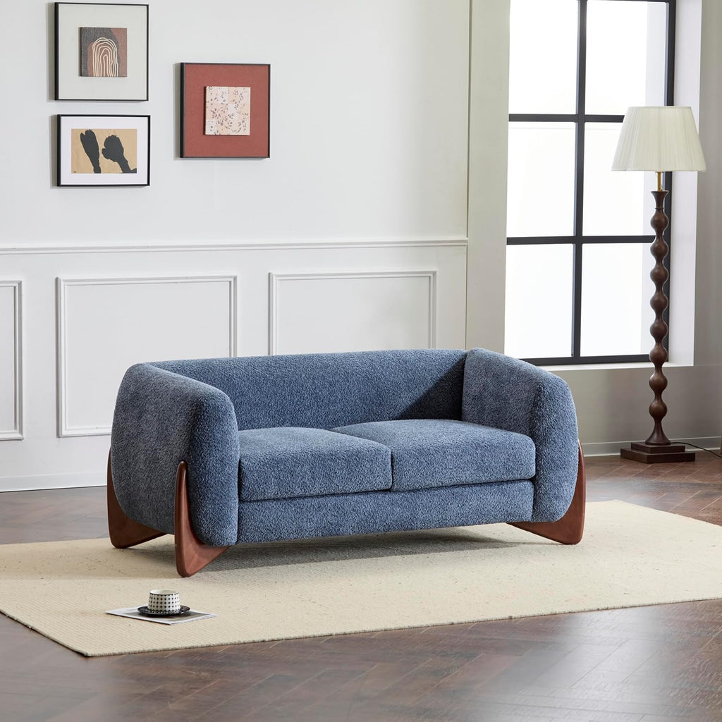Christopher Knight Home Alma 63' Boucle Loveseat with Wood Legs, 2 Seater Sofa Couches for Living Room, Upholstered Couch Chair, Soft Seating Lounge Sofa Chair, Cozy Loveseat with Armrest, Navy Blue