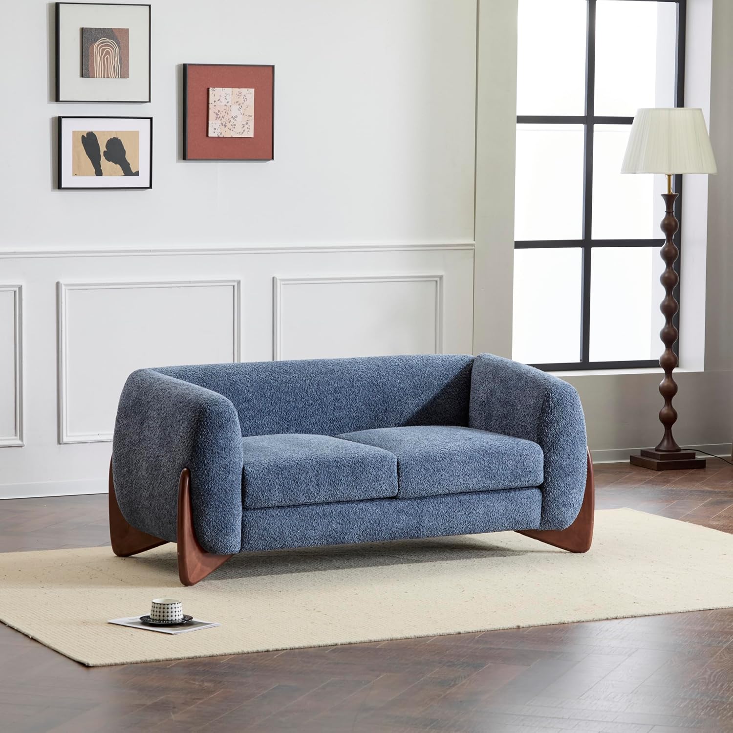 Christopher Knight Home Alma 63' Boucle Loveseat with Wood Legs, 2 Seater Sofa Couches for Living Room, Upholstered Couch Chair, Soft Seating Lounge Sofa Chair, Cozy Loveseat with Armrest, Navy Blue