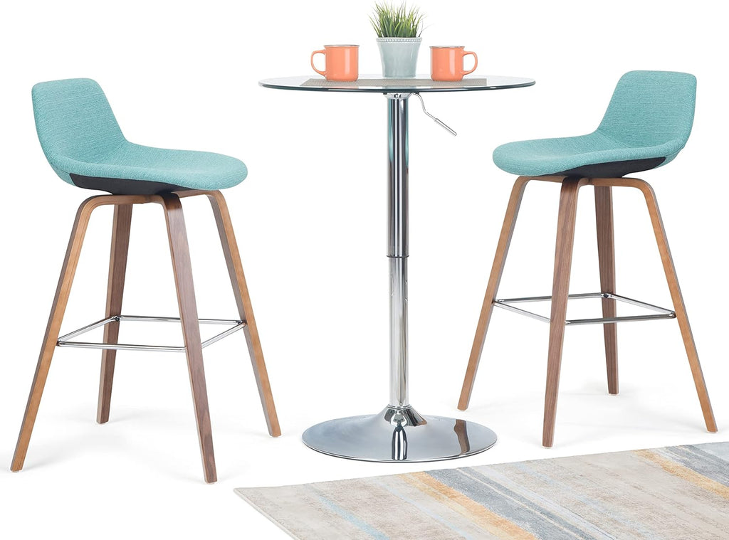 SIMPLIHOME Randolph Counter Stools (Set of 2) - 28 Inch Seat Height Upholstered Bentwood Bar Stools in Aqua Blue Linen Look Fabric, Mid Century Modern Seating with Curved Backrest and Footrest