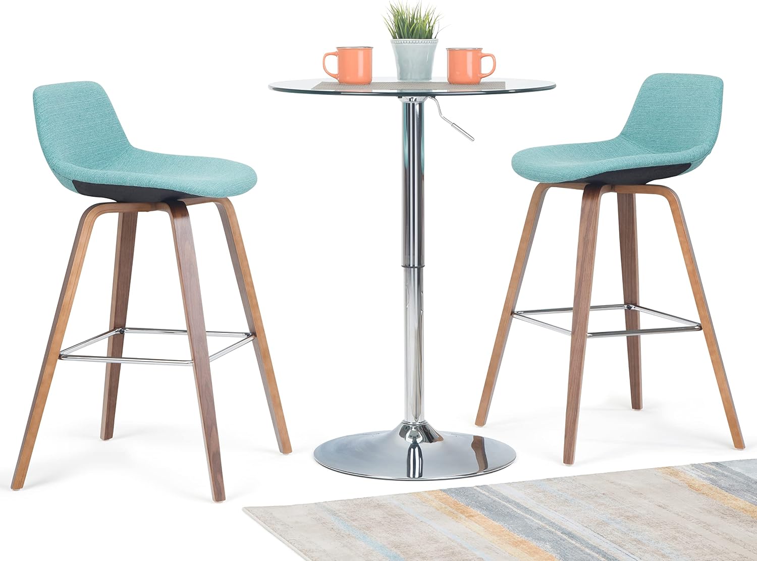 SIMPLIHOME Randolph Counter Stools (Set of 2) - 28 Inch Seat Height Upholstered Bentwood Bar Stools in Aqua Blue Linen Look Fabric, Mid Century Modern Seating with Curved Backrest and Footrest
