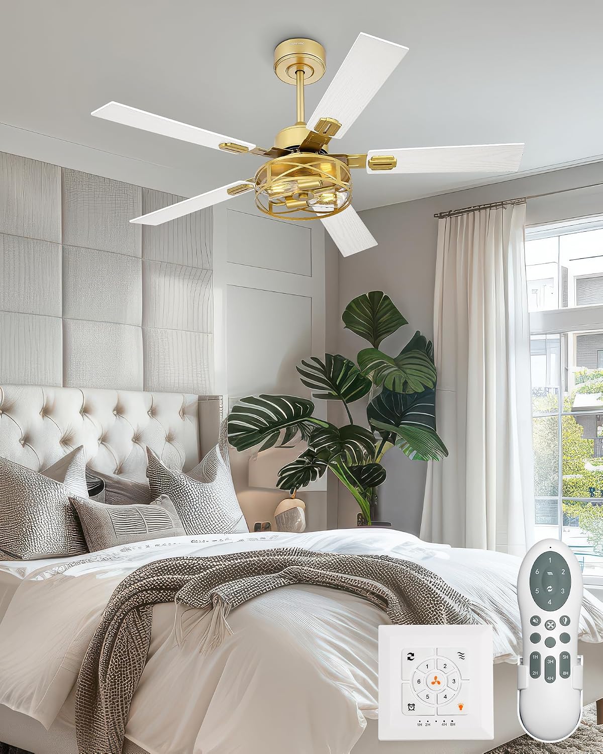 YOUKAIN 48 Inch Ceiling Fans with Lights, Farmhouse Ceiling Fans with Wall Switch and Remote Control, 5-Reversible, Gold Finish, Outdoor Ceiling Fan for Cover Patio, 48-YJ632-GDW-WS