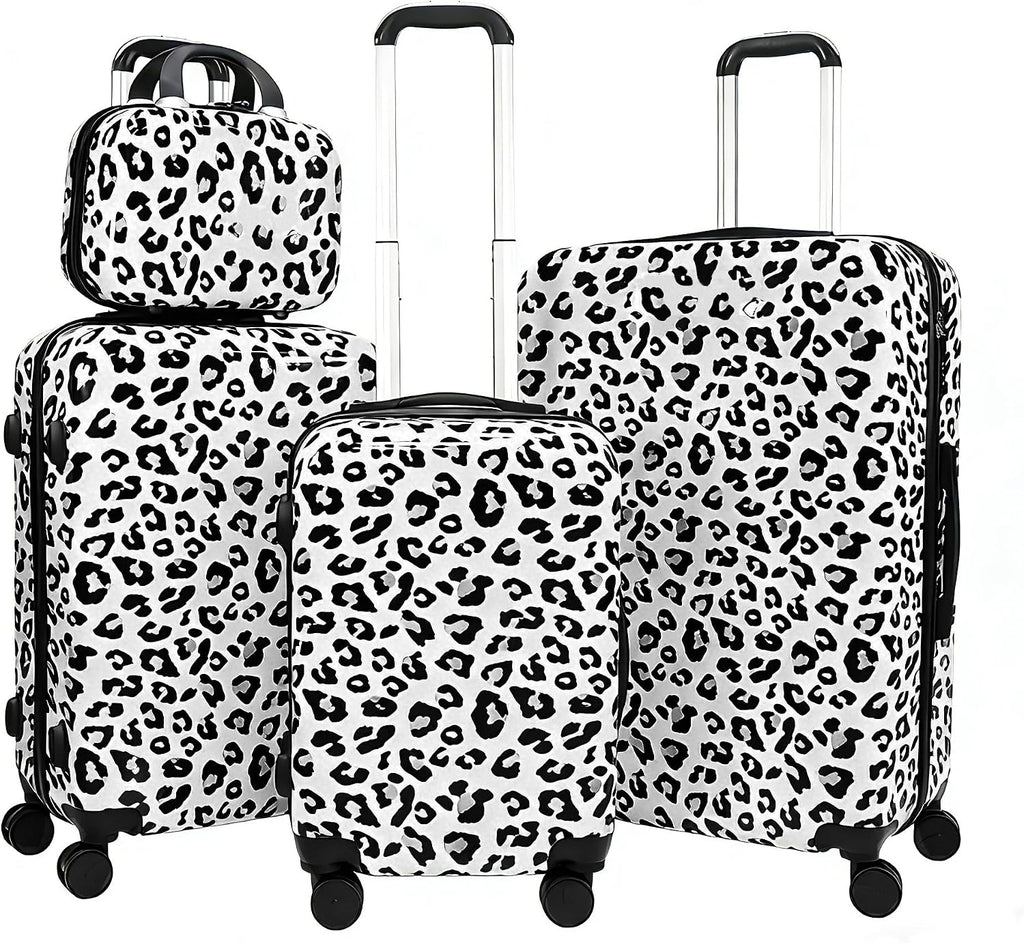 White Leopard Print Luggage Set 4 Pieces, Lightweight Scratch-Resistant Hardshell Suitcases with Spinner Wheels, 14' Underseat Bag & 28' Large Check-in, Animal Print Rolling Luggage for Women Men
