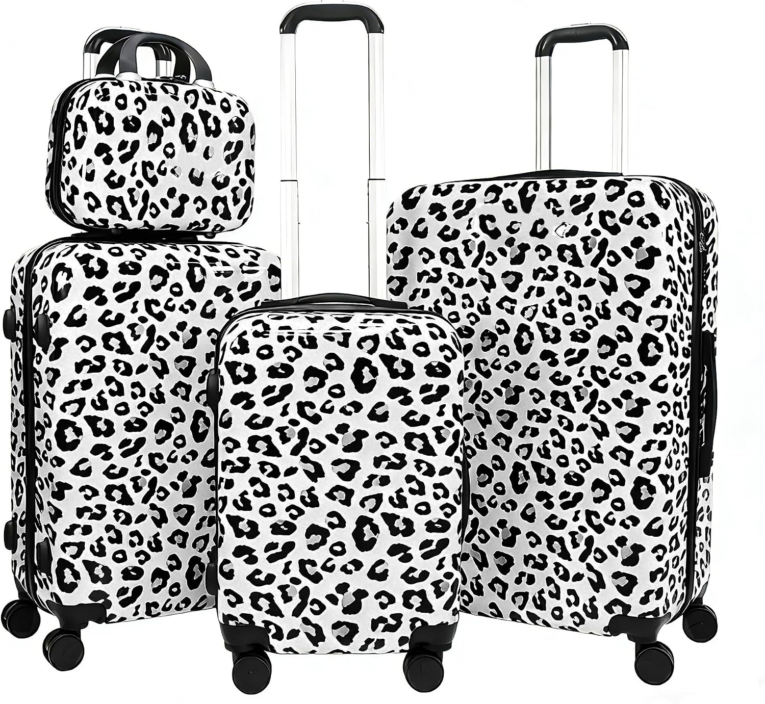 White Leopard Print Luggage Set 4 Pieces, Lightweight Scratch-Resistant Hardshell Suitcases with Spinner Wheels, 14' Underseat Bag & 28' Large Check-in, Animal Print Rolling Luggage for Women Men