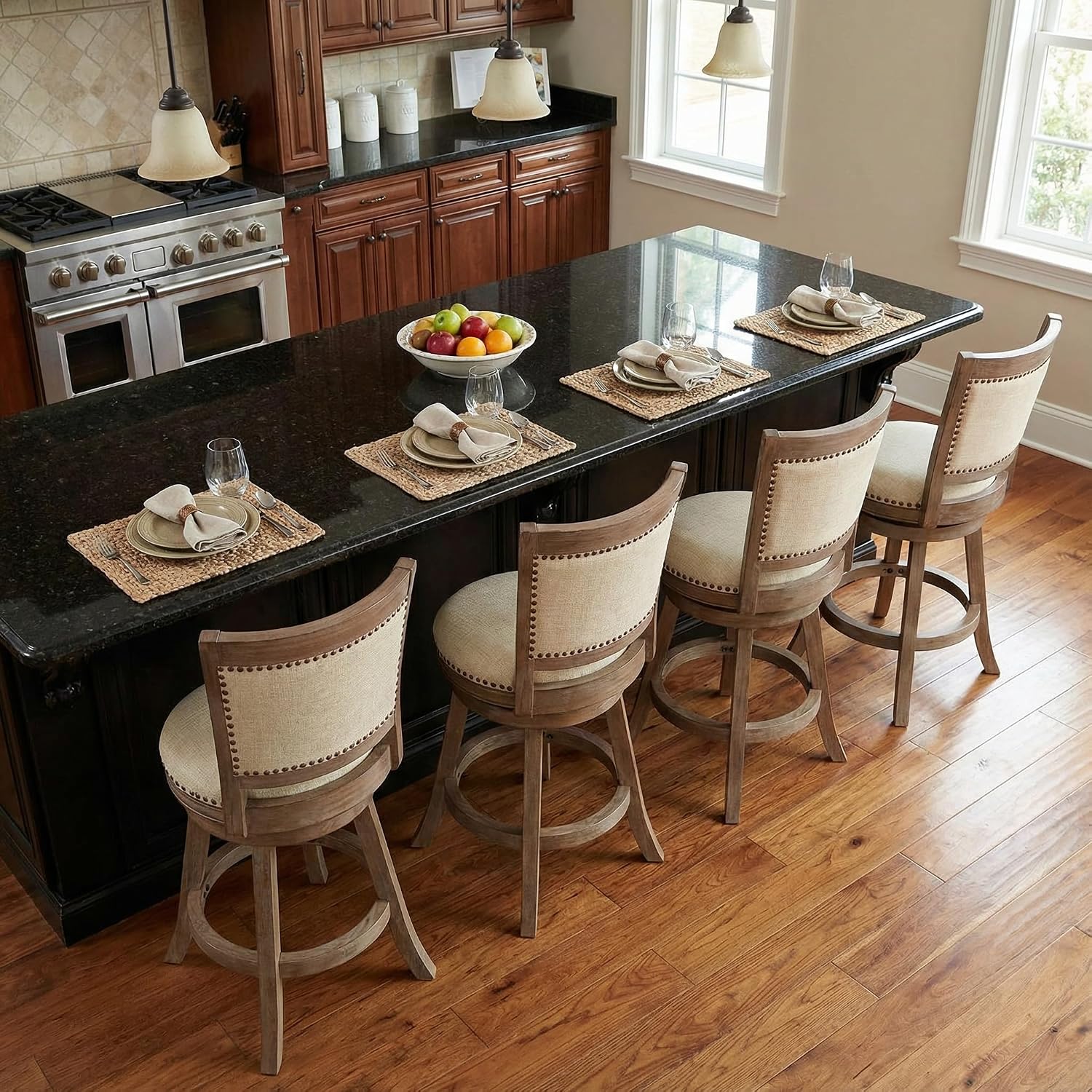Cortesi Home Marko Stool in Beige Fabric Swivel Seat with Back, 24' Counter Height, Driftwood