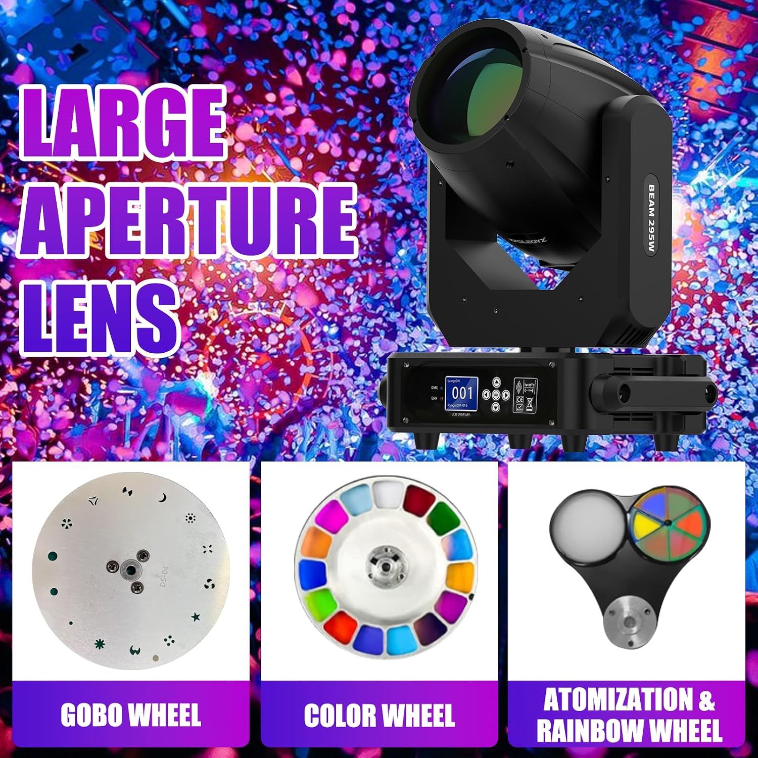 295W Moving Head Dj Lights,10R Beam Effect,14 Gobos,14 Colors,2 Prisms,Linear Zoom,Frost & Rainbow Wheel, Stage Lighting DJ Spotlights for Party, Disco, KTV, Stage Shows, Live Show (295B)
