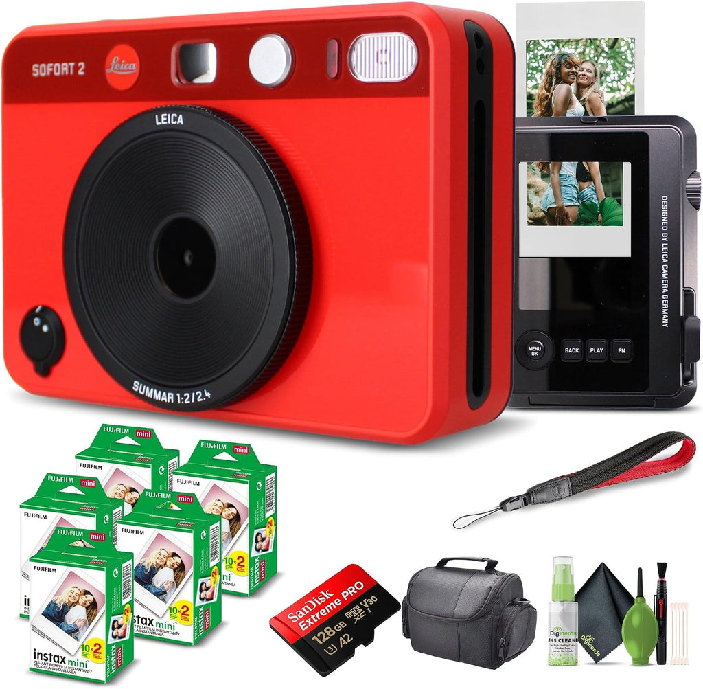 Leica Sofort 2 Hybrid Instant Photo Film and Digital Camera (Red) (19189) with LCD Display Bundle with Fujifilm Instant Film 100 Sheets + 128 GB Memory Card + Bag + Cleaning Kit