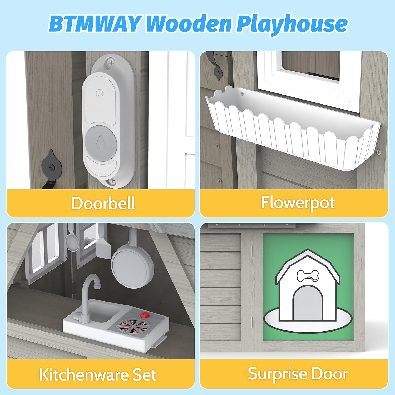 Kids Outdoor Playhouse,Cedar Gray Wooden Play House for Kids Ages 3-8, with Play Kitchen, Interactive Doorbell, Toy Phone, Sink, Flowerpot