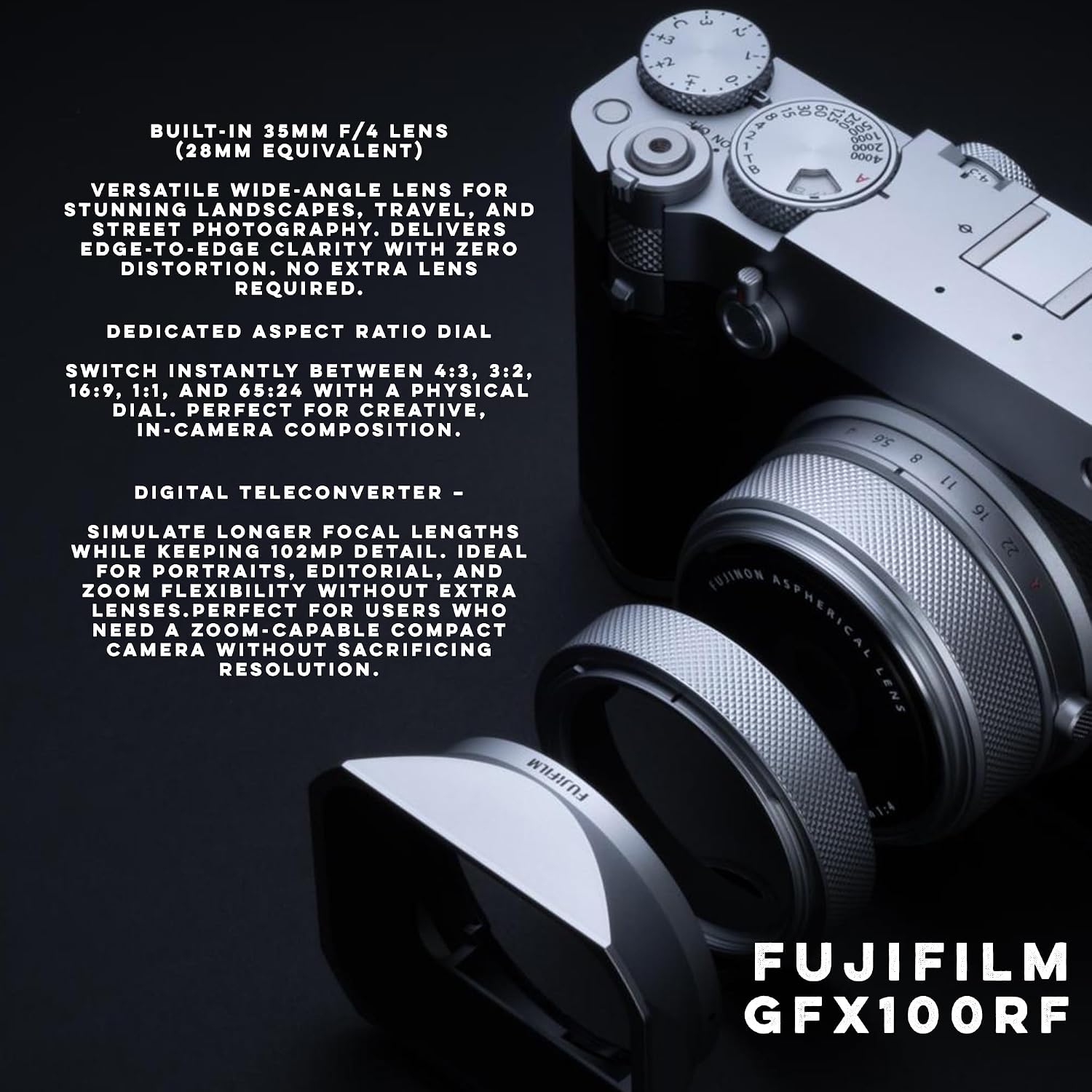 FUJIFILM GFX100RF 102MP Large Format Mirrorless Digital Camera, Powerful Compact Rangefinder Style, 4K/30p Video, AI Autofocus, 35mm F4 Lens, Built-in ND Filter, 20 Film Simulation Bundle (Silver)