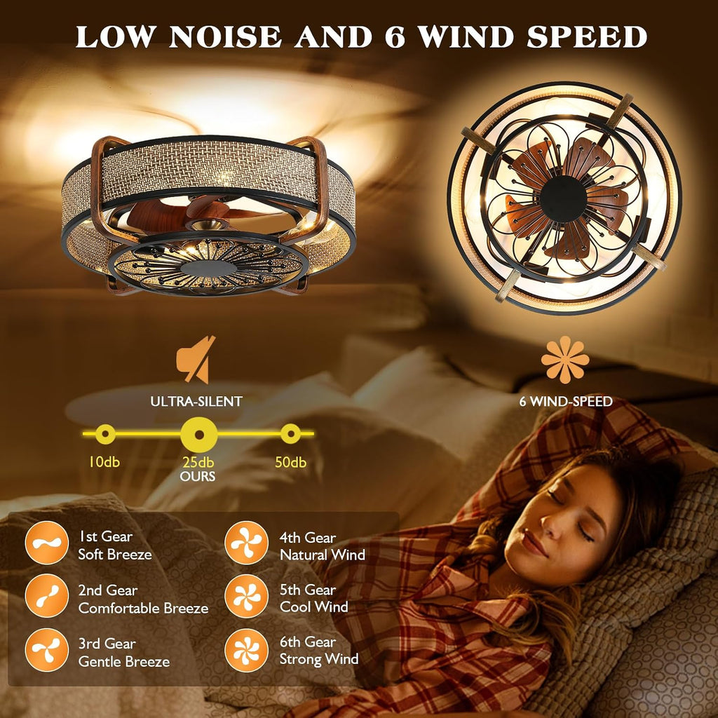 Caged Fandelier With Light and Remote - 21' Rattan Low Profile Enclosed Ceiling Fan, 6 Speeds Reversible Motor, Flush Mount, Black