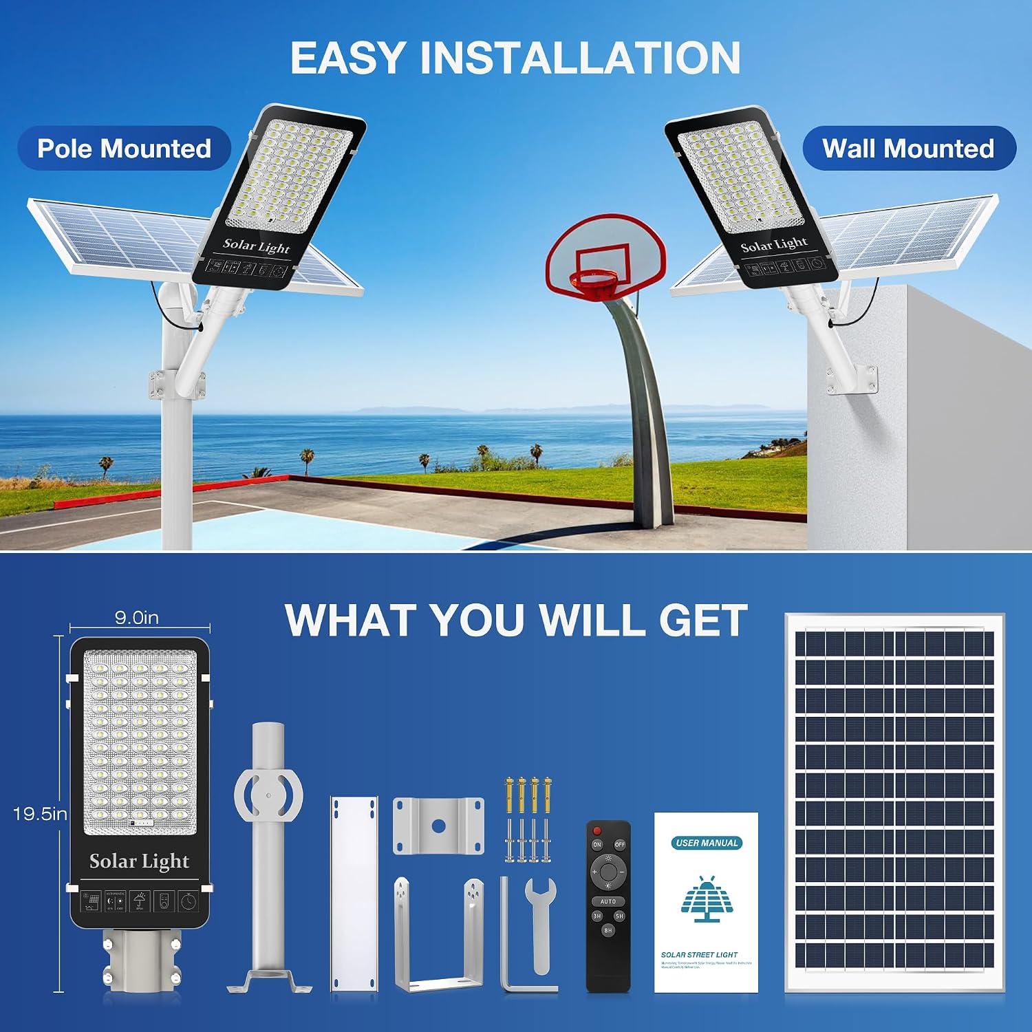 OKPRO 10000W Commercial Split Solar Street Light Outdoor, Solar Lights Outdoor Waterproof for Parking Lot, Dusk to Dawn Solar Flood Light with Remote Control for Yard, Driveway, Road(2Pack)
