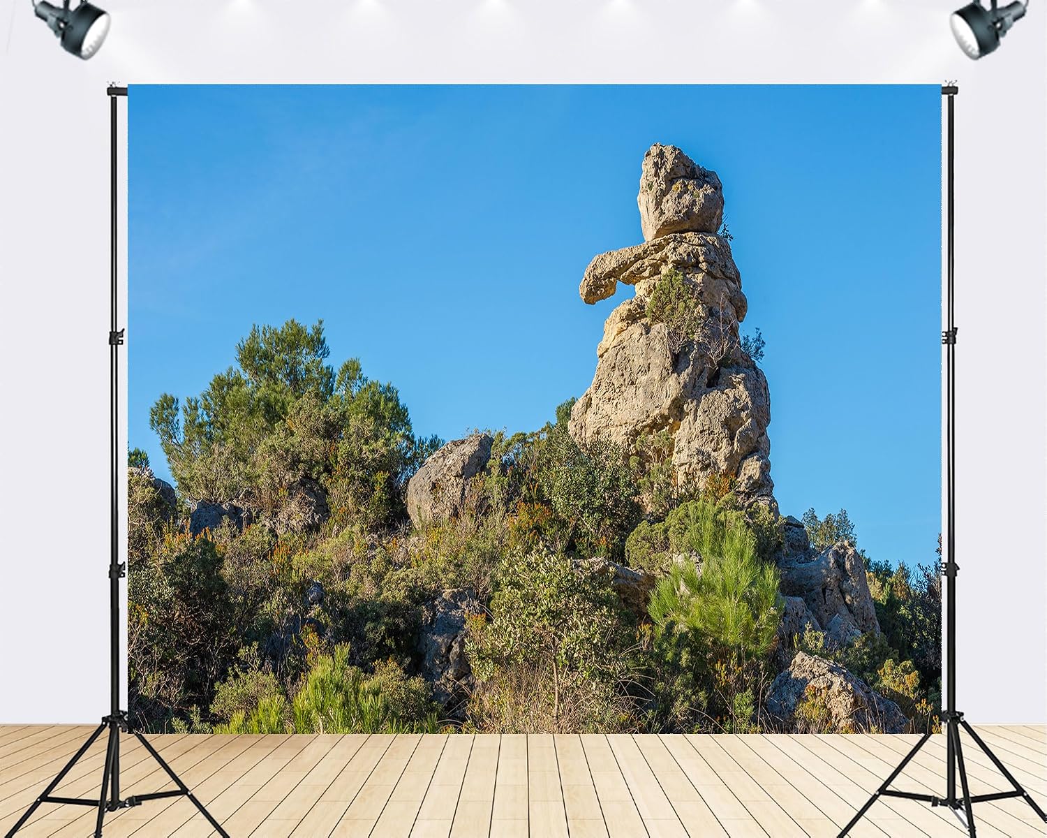 Trykid 20x10ft Unique Rock Formation Backdrop Jagged Limestone Clear Blue Sky Bushes Photography Background Nature Shoots Tapestry Party Decoration Photo Studio Prop Fabric