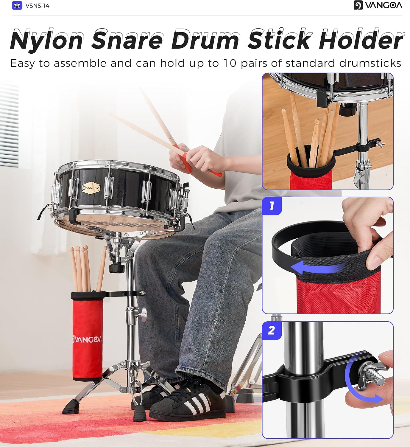 Vangoa Snare Drum Kit with Remo Head 14' x 5.5' Student Marching School Band Beginner Practice Snare Drum with Stand, Drumstick Holder, Padded Gig Bag, Mute Pad, Neck Strap, and 5A Drum Sticks, Black