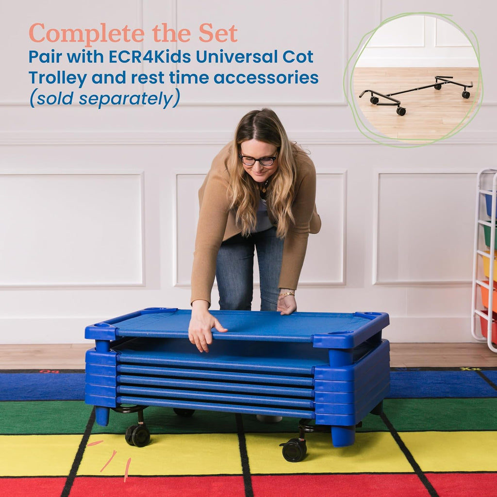 ECR4Kids Streamline Cot, Ready-to-Assemble, Toddler Size, Classroom Furniture, Blue, 6-Pack