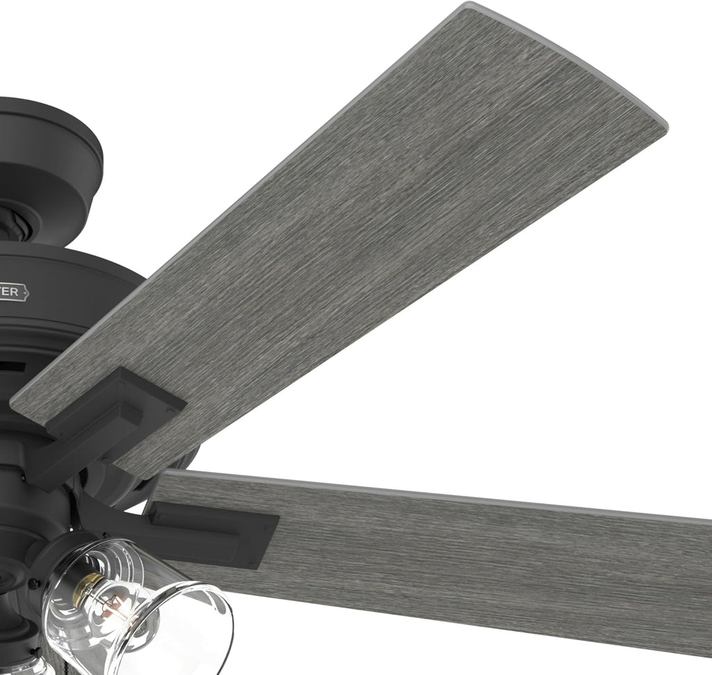 Hunter Fan 52 Inch Matte Black Ceiling Fan with Light and Pull Chain for Bedroom, Dining Room, Kitchen, Office (Renewed)