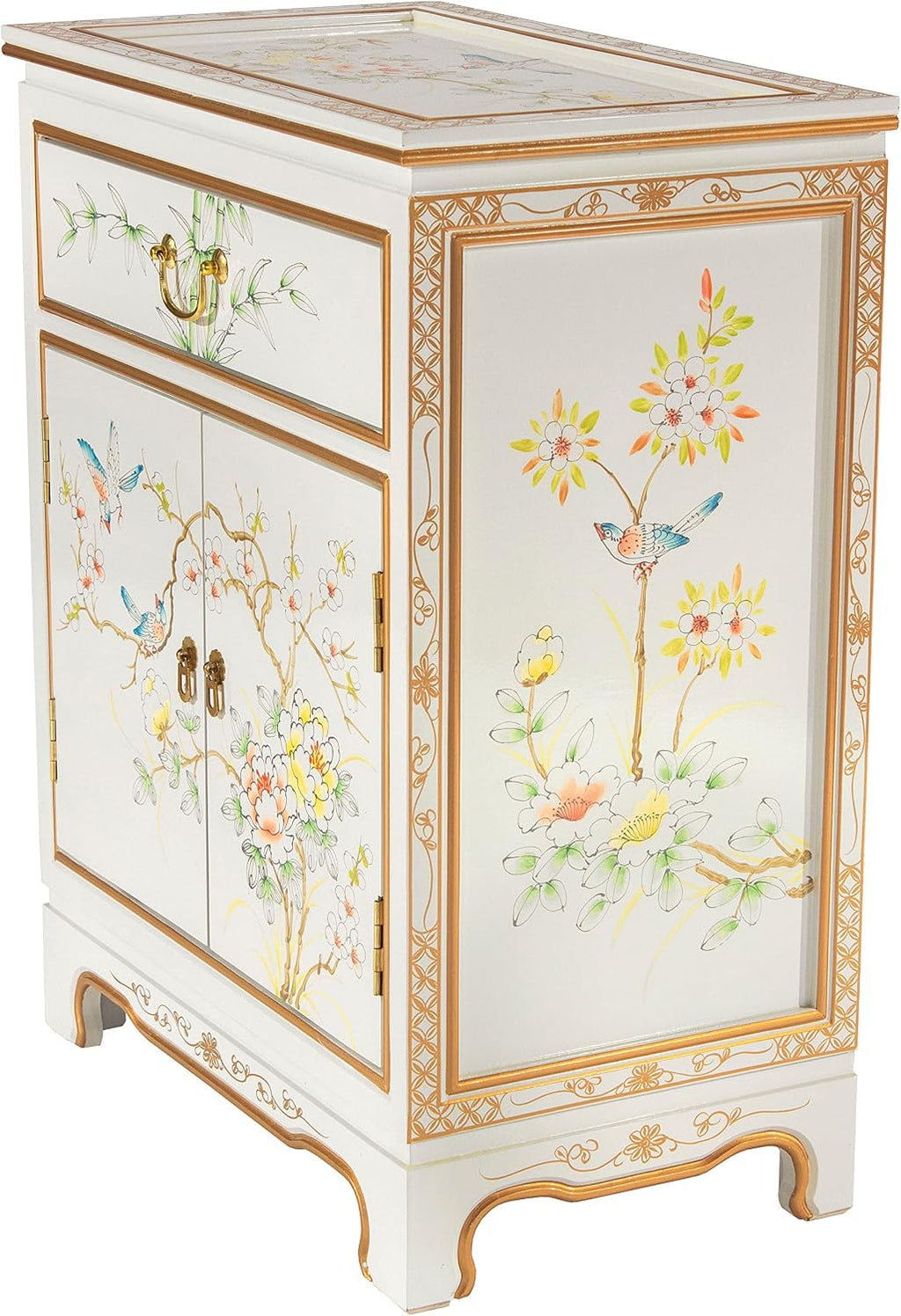 Red Lantern Artisan Crafted Lacquer Storage Cabinet - White with Hand-Painted Birds and Flowers