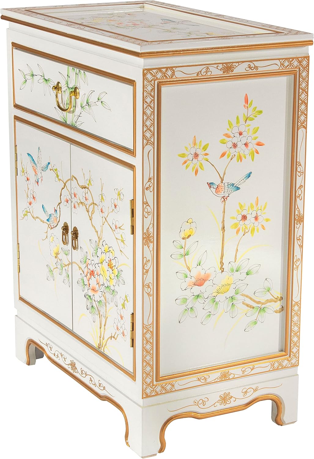Red Lantern Artisan Crafted Lacquer Storage Cabinet - White with Hand-Painted Birds and Flowers