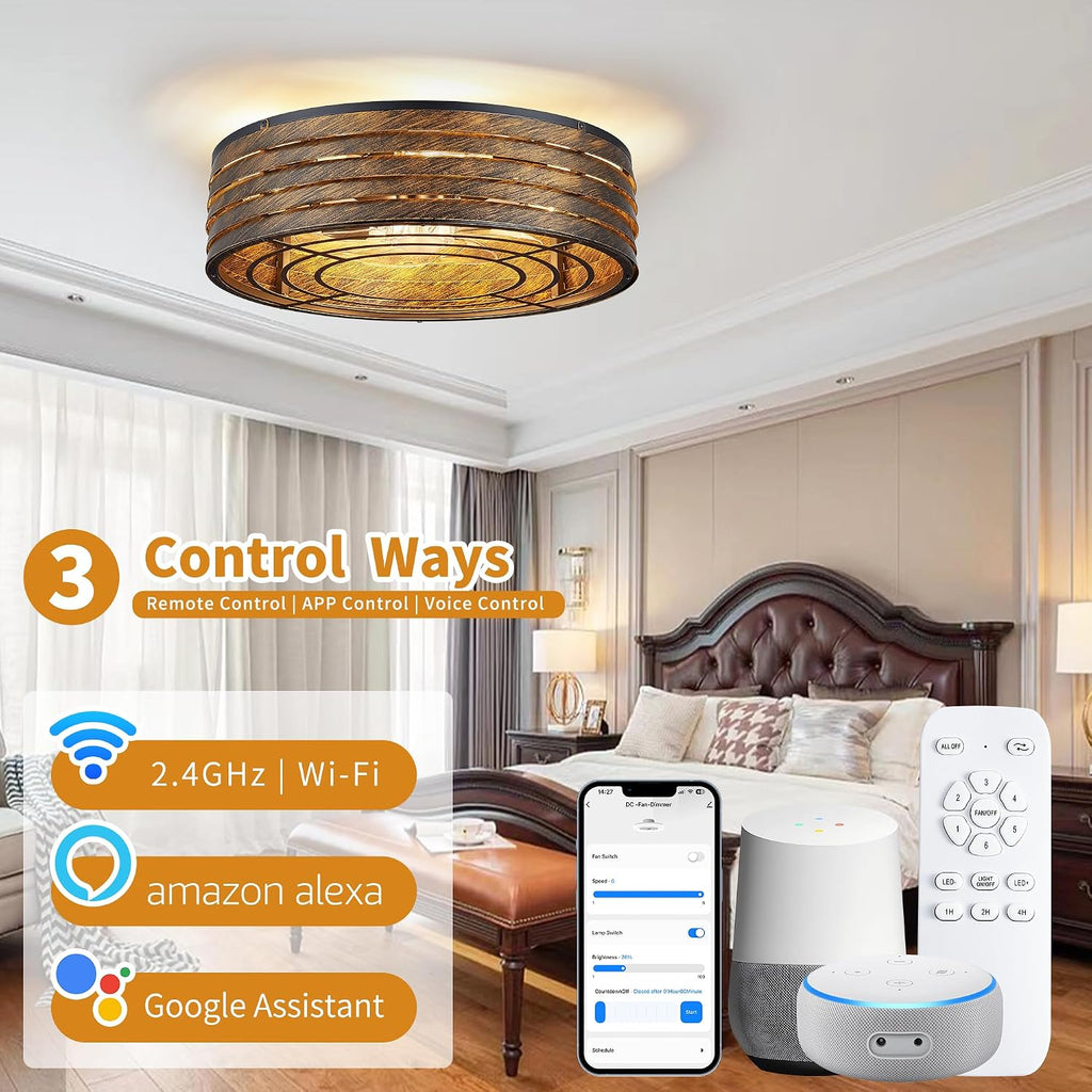 20'' Flush-Mount Smart Ceiling Fan with Dimmable-Light and Memory Remote APP/Alexa Control, Reversible-Motor, Perfect for Bedroom, Kitchen, Low-Profile Bronze Design Cage