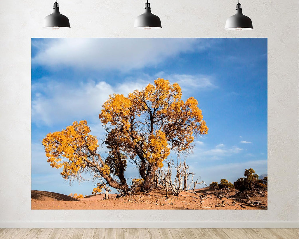 Trykid 20x10ft Desert Poplar Golden Tree Backdrop Bright Golden Clear Blue Rough Sandland Wild Natural Scenery Photography Background Autumn Theme Party Decoration Photo Booth Prop Fabric