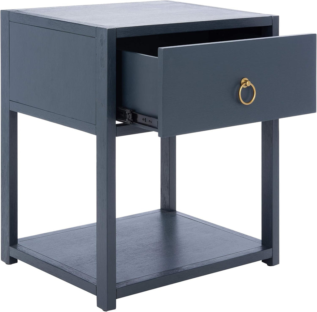 SAFAVIEH Furniture - Sadie 1-Drawer Nightstand - Navy - Wood - Glam Gold Hardware Design - Ideal for Bedroom, 21'W x 17.2'D x 26'H - Fully Assembled (NST9201A)