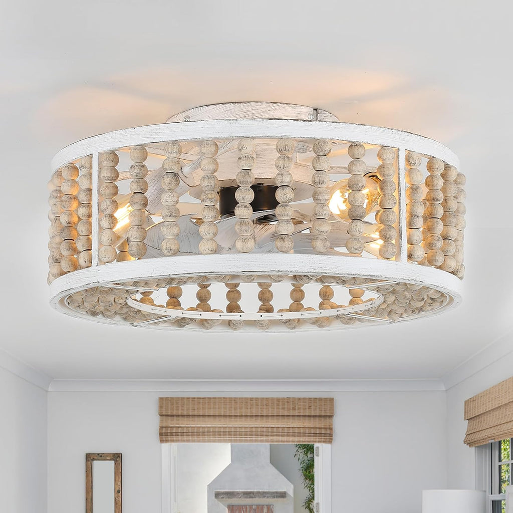 20' Boho Ceiling Fan with Light Caged Chandelier Fan with Handcrafted Beaded Bladeless Bohemian Low Profile Flush Mount Fan for Bedroom Living Room Dining Room