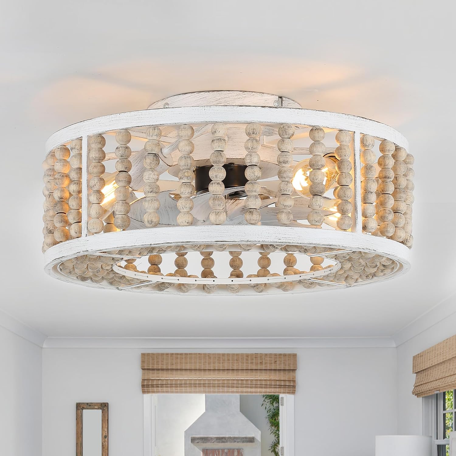 20' Boho Ceiling Fan with Light Caged Chandelier Fan with Handcrafted Beaded Bladeless Bohemian Low Profile Flush Mount Fan for Bedroom Living Room Dining Room