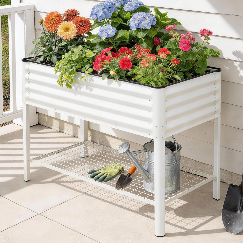 Elevated Raised Garden Bed with Legs - 48''x24''x32'' Galvanized Metal Standing Planter Boxes Outdoor with Bottom Storage Shelf for Backyard, Patio, Balcony, Vegetables, Flowers, White