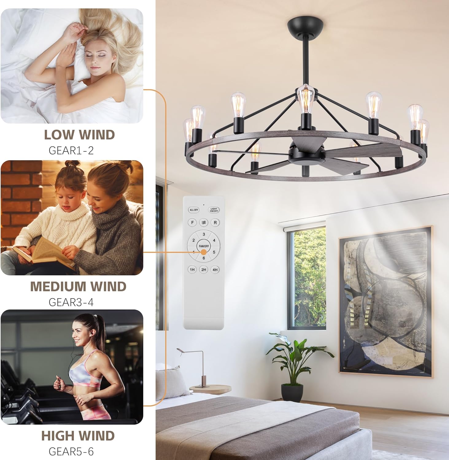She's home 43' Wood Color Wagon Wheel Chandelier with Fan, 12-Lights Large Round Candle Farmhouse Fandelier Ceiling Fan with Light Fixture for Living Room, Height Adjustable