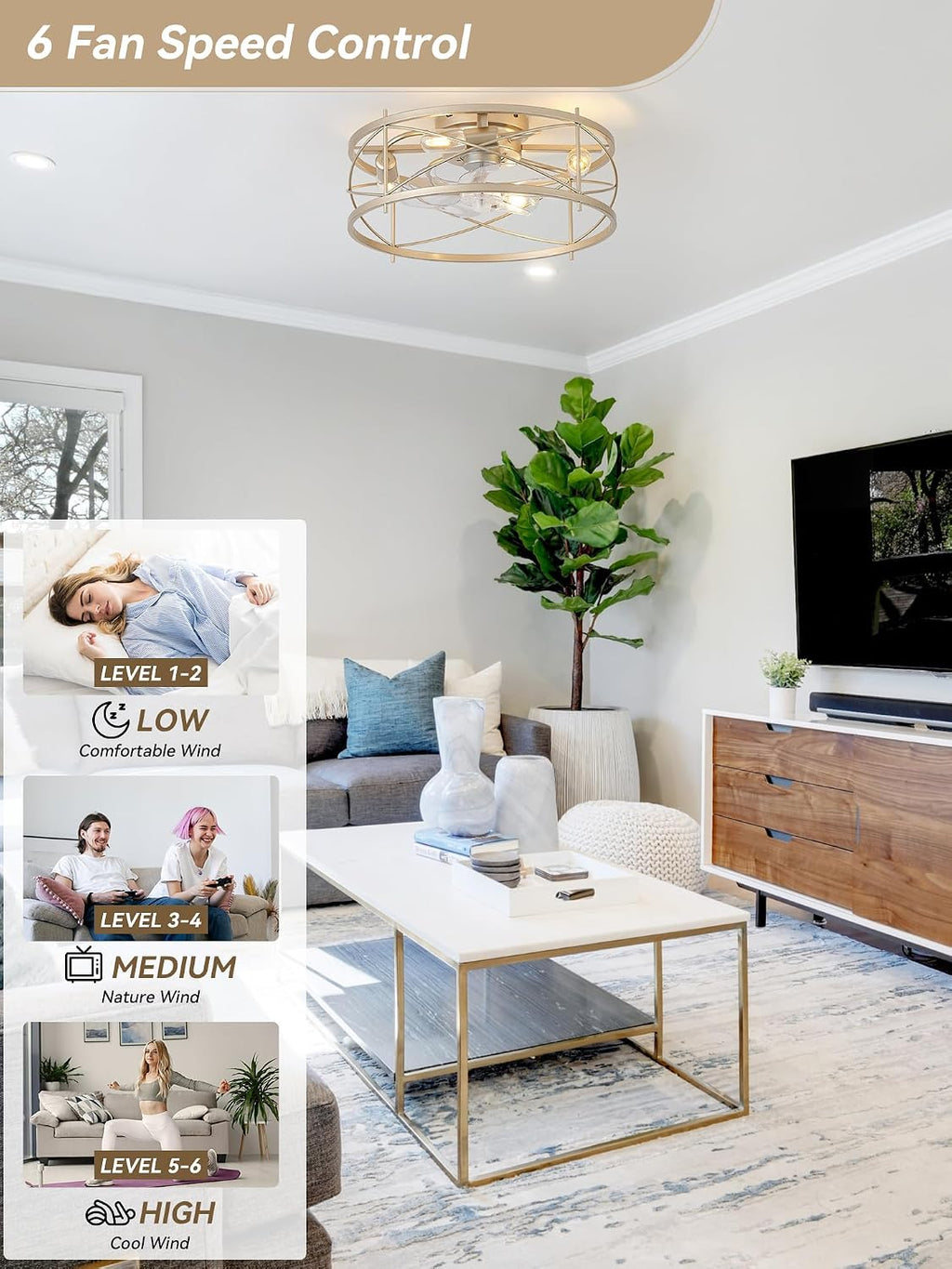 20' Gold Flush Mount Ceiling Fans with Lights, Gold Caged Ceiling Fans with Light and Remote, Bladeless Ceiling Fan with 6 Speeds for Bedroom, Living Room, Nursery