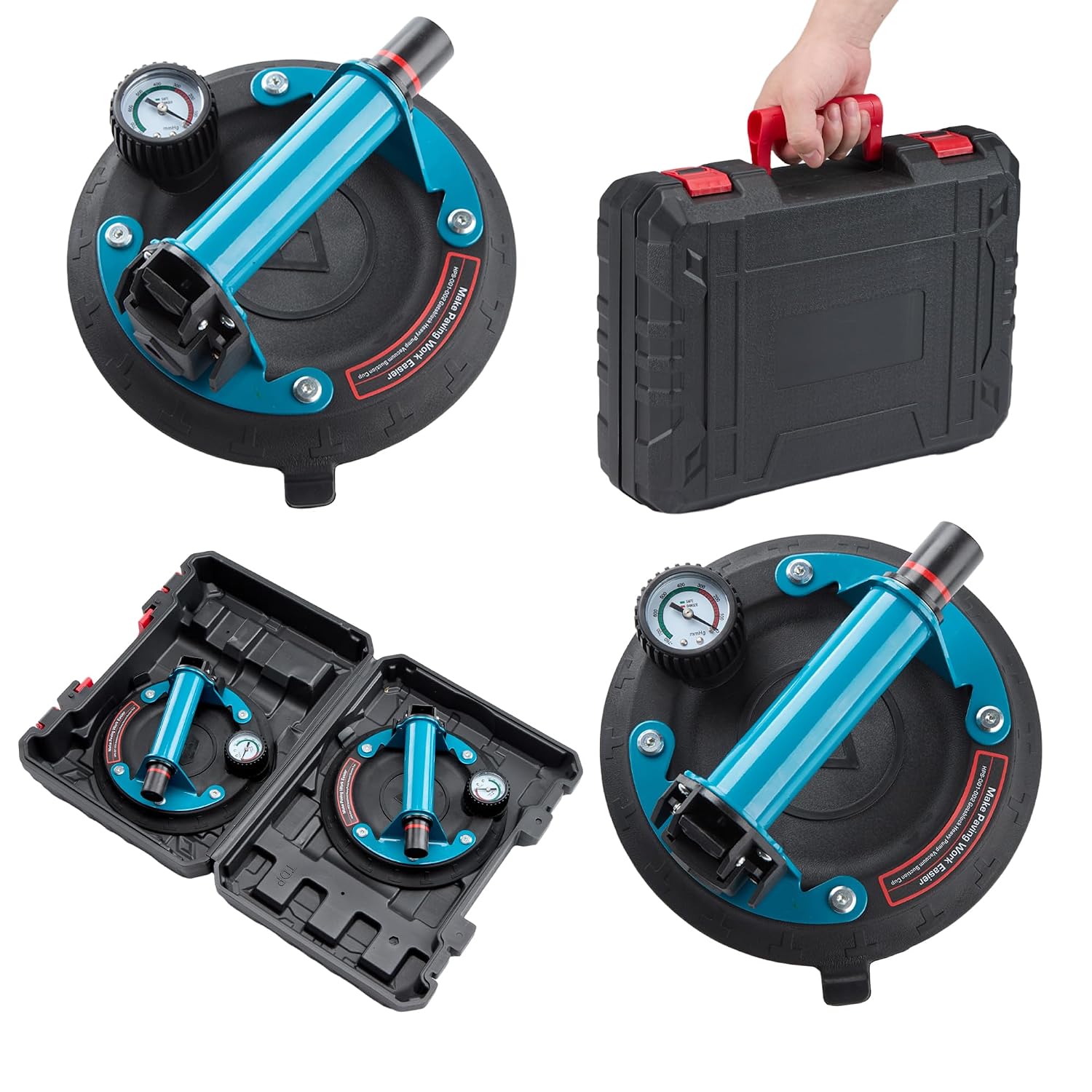 8' Glass Suction Cups with Pressure Gauge, 2 Pack Vacuum Suction Cups with Metal Handle, Heavy Duty Hand-held Suction Cups for Glass & Granite Lifting, 440 lbs Load Capacity with Carrying Case