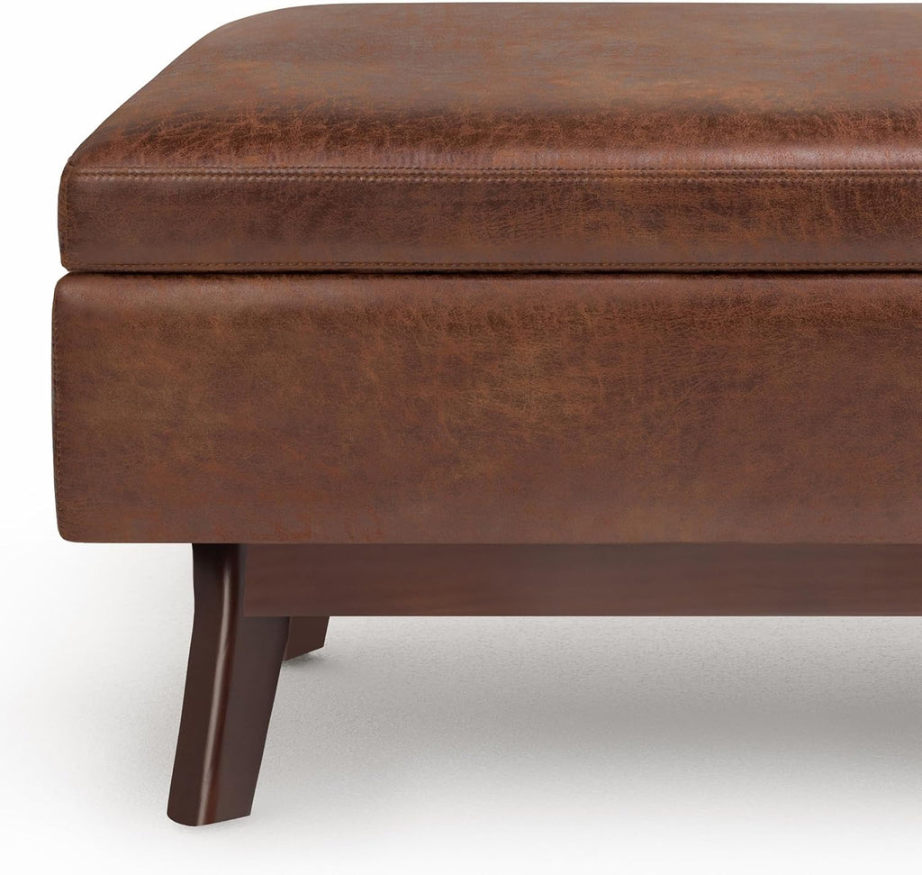 SIMPLIHOME Owen Small Rectangular Storage Ottoman - 36 inch Wide Upholstered Vegan Leather Lift-Top Ottoman in Distressed Saddle Brown, Mid-Century Modern Ottoman for Living Room with Tufted Detail