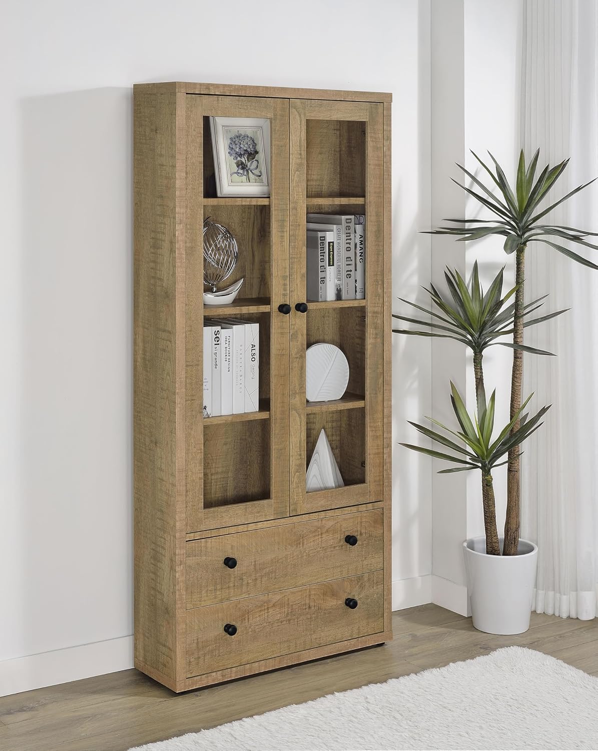 Coaster Home Furnishings - Hawthorne - 4-Shelf Wood Accent Cabinet with Glass Doors - Glass and Wood, Drawers - Farmhouse Style - Living Room, Entryway & Home Kitchen - Mango - 953479