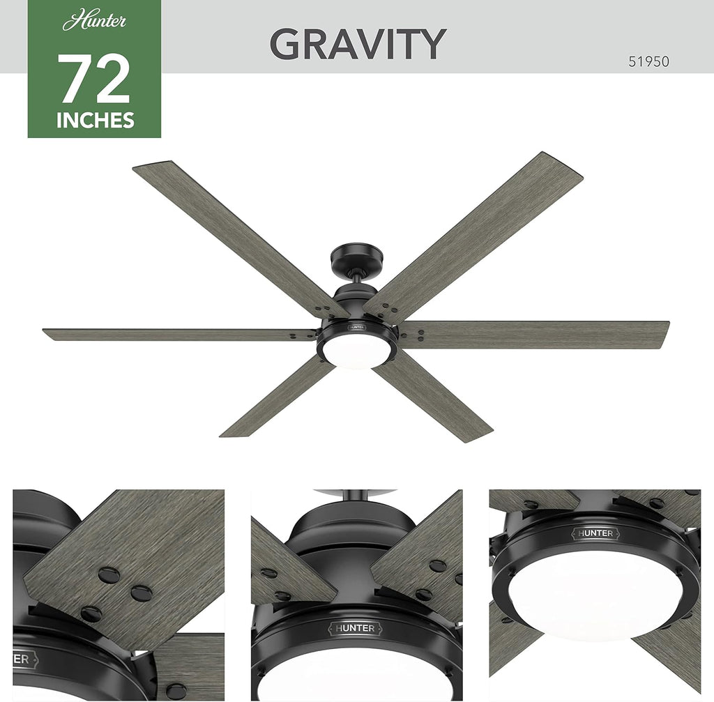 Hunter 72 inch Indoor Ceiling Fan with LED Light and Remote Control - Black Smart Ceiling Fan, Standard Mount, 6 Blades, for Bedroom or Living Room, Quiet - Gravity 51950, Matte Black